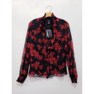 Alfani Ruffle Victorian Romatic Peasant Silk Sheer Floral Ditsy Blouse Red 12